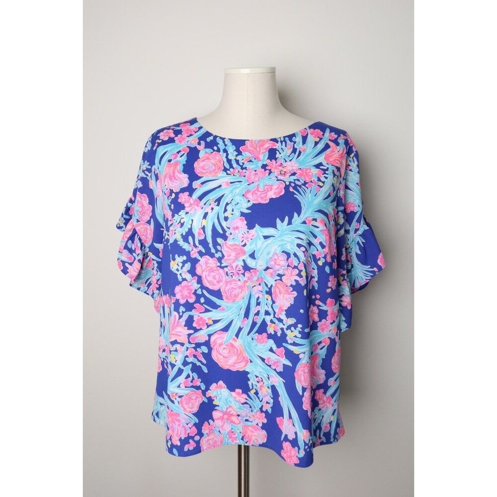 Lilly Pulitzer Darlah Top Women Small Multicolor Lined Blue/ Pink Ruffled